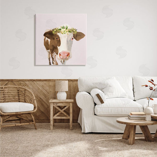 Stupell Industries Jenny Green | Country Farm Cow White Flower Crown Boho Pink Wall Art
