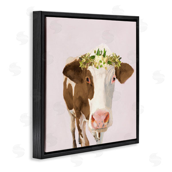 Stupell Industries Jenny Green | Country Farm Cow White Flower Crown Boho Pink Wall Art