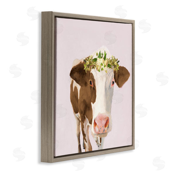 Stupell Industries Jenny Green | Country Farm Cow White Flower Crown Boho Pink Wall Art