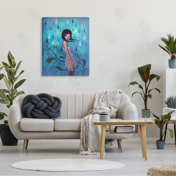 Stupell Industries Jeremiah Ketner | Woman White Dress Falling Blue Raindrops Botanical Motif Wall Art