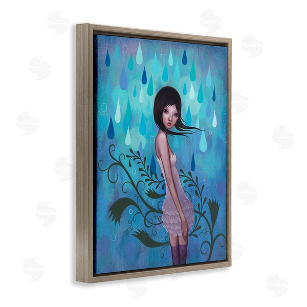 Stupell Industries Jeremiah Ketner | Woman White Dress Falling Blue Raindrops Botanical Motif Wall Art