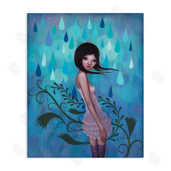 stupell industries Jeremiah Ketner | Woman White Dress Falling Blue Raindrops Botanical Motif Wall Art