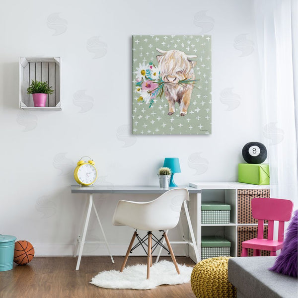 Stupell Industries Jessica Mingo | Welcoming Stott Ox Holding Flowers Studded Pattern Wall Art