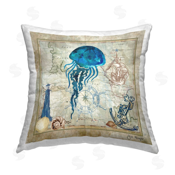 stupell industries Jill Meyer | Jellyfish & Maritime Map Printed Throw Pillow