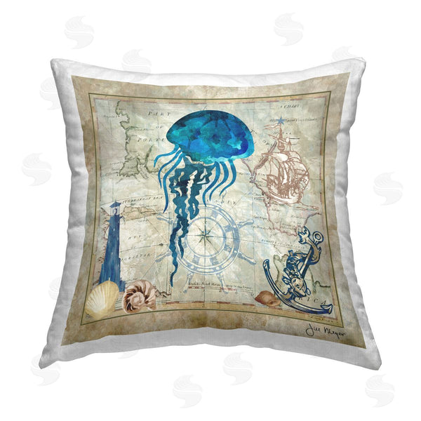 stupell industries Jill Meyer | Jellyfish & Nautical Map Printed Throw Pillow