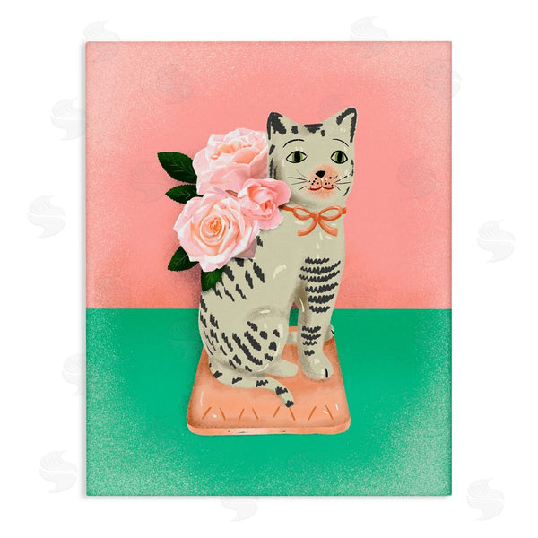 stupell industries Jilly Jack Designs | Vintage Cat Sculpture Pink & Green