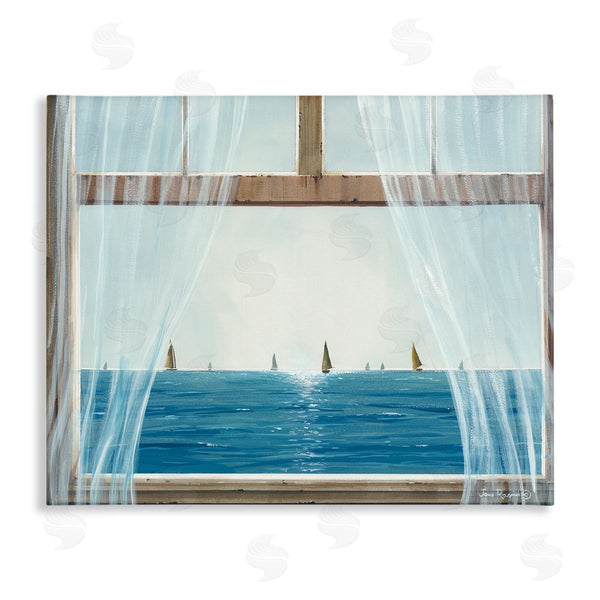 stupell industries John Rossini | Serene Beach House Window View Sailboats Ocean Wall Art