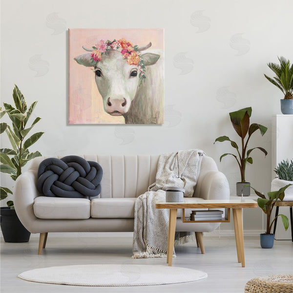 Stupell Industries Julia Purinton | Baby Horned Cattle Wildflower Floral Crown Soft Pink Wall Art