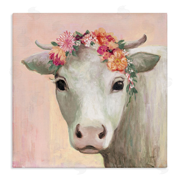 stupell industries Julia Purinton | Baby Horned Cattle Wildflower Floral Crown Soft Pink Wall Art