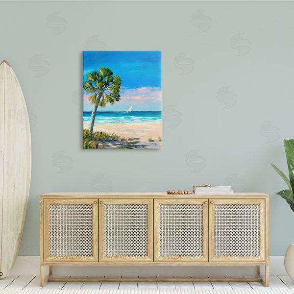 Stupell Industries Julie DeRice | Coastal Palm Beach Coast Sailboat Cruise Nautical Painting Wall Art