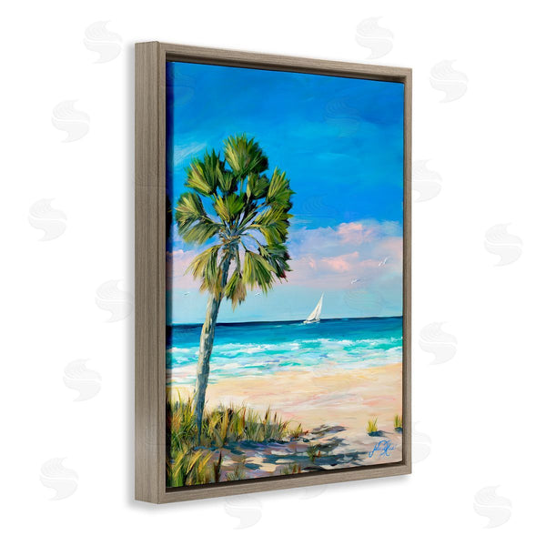 Stupell Industries Julie DeRice | Coastal Palm Beach Coast Sailboat Cruise Nautical Painting Wall Art