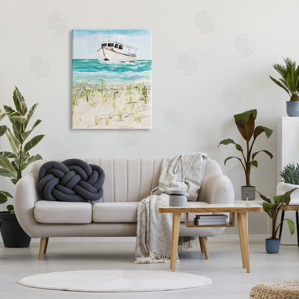 Stupell Industries Julie DeRice | Nautical Boat By Coast Grassy Beach Landscape Wall Art