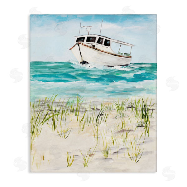 stupell industries Julie DeRice | Nautical Boat by Coast Grassy Beach Landscape Wall Art