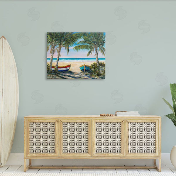 Stupell Industries Julie DeRice | Row Boats On Beach Shore Tropical Palm Trees Wall Art