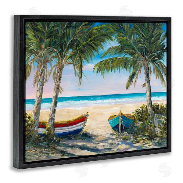 Stupell Industries Julie DeRice | Row Boats On Beach Shore Tropical Palm Trees Wall Art