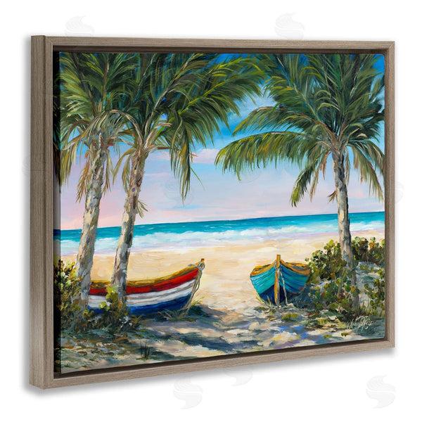 Stupell Industries Julie DeRice | Row Boats On Beach Shore Tropical Palm Trees Wall Art