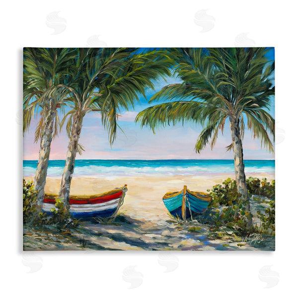 stupell industries Julie DeRice | Row Boats on Beach Shore Tropical Palm Trees Wall Art