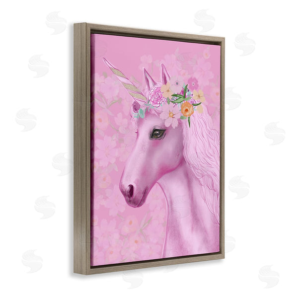Stupell Industries JunCo. Studio | Floral Pattern Pink Unicorn Adorable Mythical Creature Wall Art