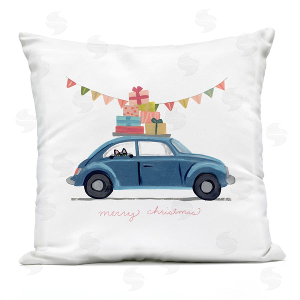 Stupell Industries June Erica Vess | Blue Merry Christmas Car Peeking Cat Gifts Printed Throw Pillow