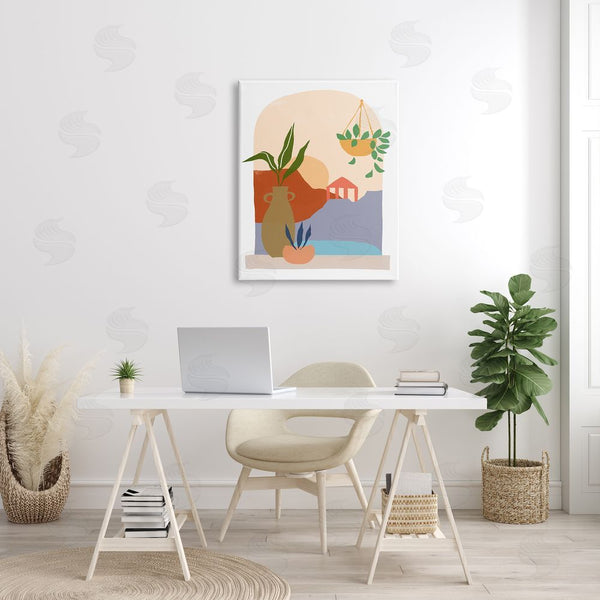Stupell Industries June Erica Vess | Bold Hanging Potted Plants Windowsill Landscape Scene Wall Art