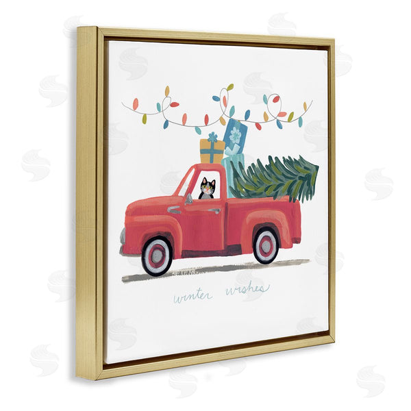 Stupell Industries June Erica Vess | Cat Christmas Red Truck Winter Wishes Phrase Wall Art
