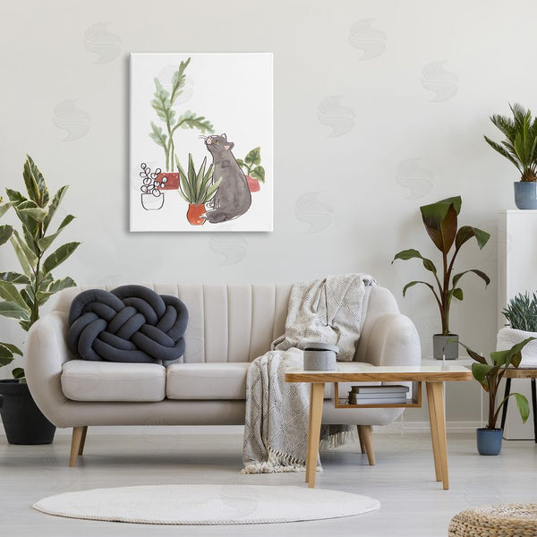 Stupell Industries June Erica Vess | Curious Grey Cat Indoor Pet House Plant Scene Wall Art