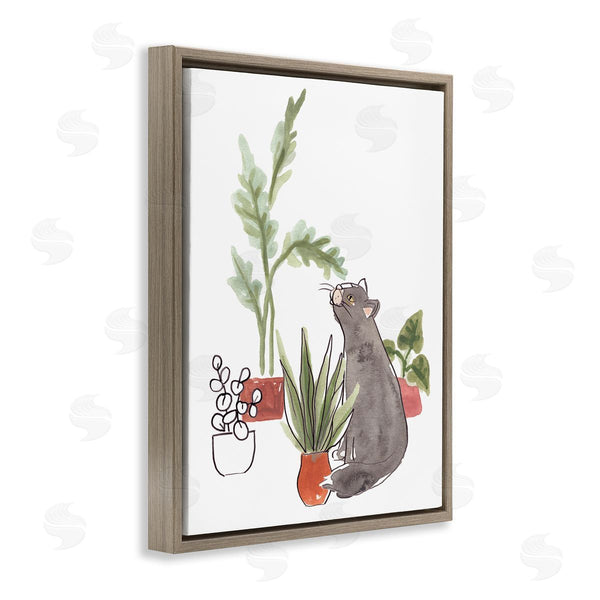 Stupell Industries June Erica Vess | Curious Grey Cat Indoor Pet House Plant Scene Wall Art