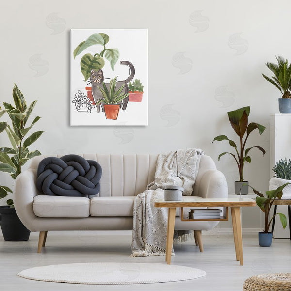 Stupell Industries June Erica Vess | Grey Cat Pet Terracotta House Plants Tropical Monstera Wall Art