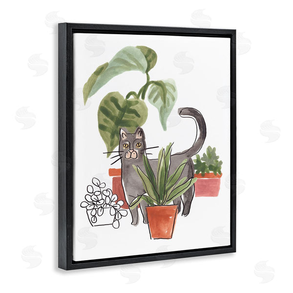 Stupell Industries June Erica Vess | Grey Cat Pet Terracotta House Plants Tropical Monstera Wall Art