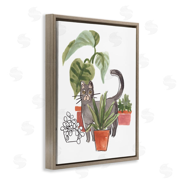 Stupell Industries June Erica Vess | Grey Cat Pet Terracotta House Plants Tropical Monstera Wall Art