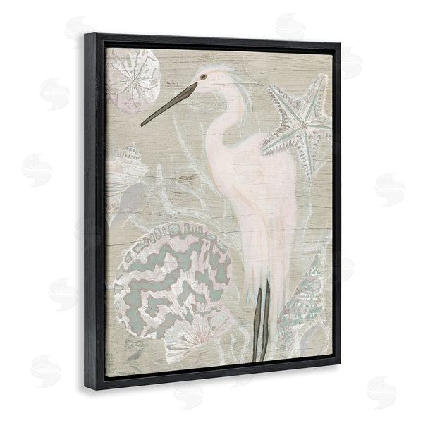 Stupell Industries June Erica Vess | Rustic Seashells Egret Bird Grainy Pattern Sign Wall Art