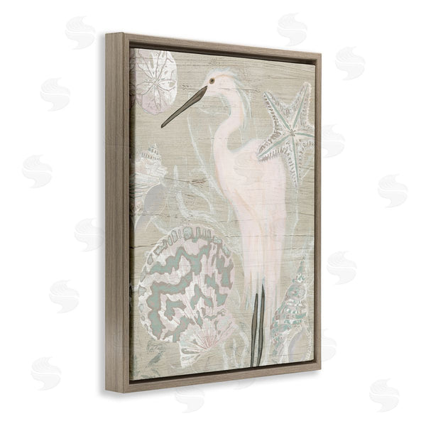 Stupell Industries June Erica Vess | Rustic Seashells Egret Bird Grainy Pattern Sign Wall Art