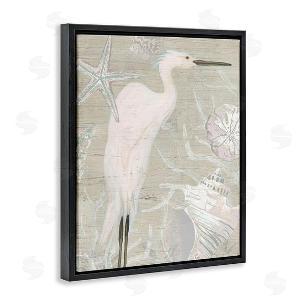 Stupell Industries June Erica Vess | White Egret Seashells Starfish Rustic Grain Pattern Wall Art