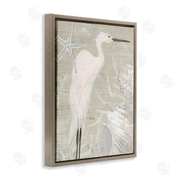 Stupell Industries June Erica Vess | White Egret Seashells Starfish Rustic Grain Pattern Wall Art