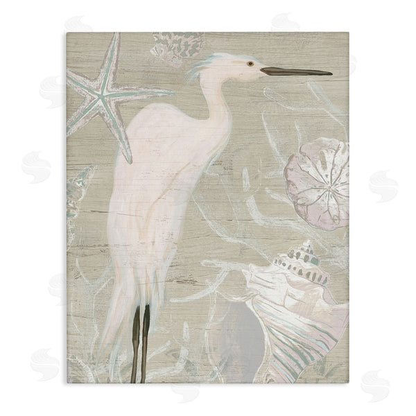 stupell industries June Erica Vess | White Egret Seashells Starfish Rustic Grain Pattern Wall Art