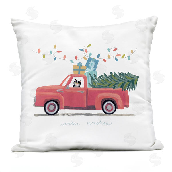 Stupell Industries June Erica Vess | Winter Wishes Red Christmas Cat Gift Truck Printed Throw Pillow