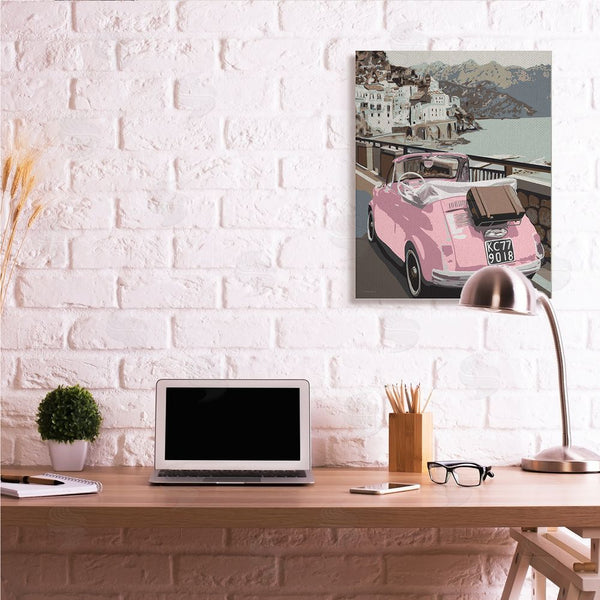 Stupell Industries Kamdon Kreations | Pink Car Cliffside Town On Waterfront Road Wall Art