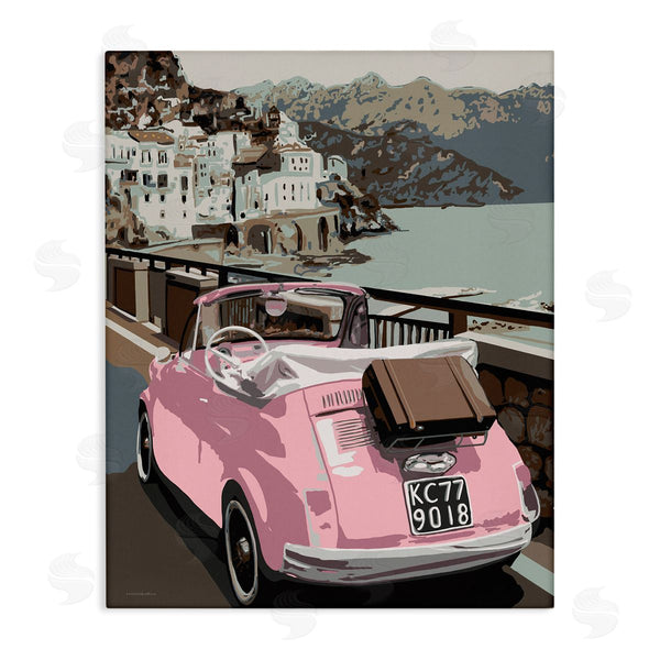stupell industries Kamdon Kreations | Pink Car Cliffside Town on Waterfront Road Wall Art