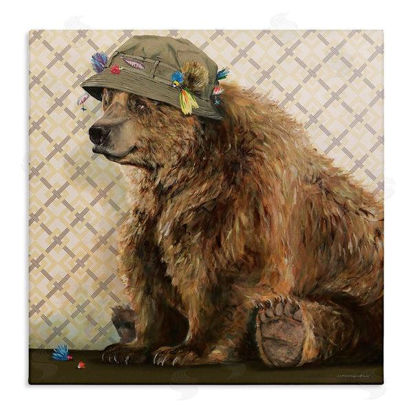 stupell industries Kamdon Kreations | Rustic Brown Bear Wearing Fisherman's Hat Geometric Pattern Wall Art