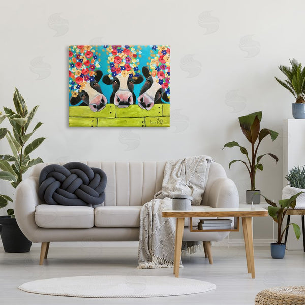 Stupell Industries Karrie Evenson | Farm Cattle Cows Bright Flower Petals Green Planks Wall Art