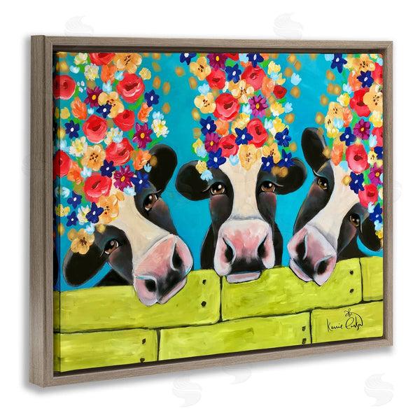 Stupell Industries Karrie Evenson | Farm Cattle Cows Bright Flower Petals Green Planks Wall Art