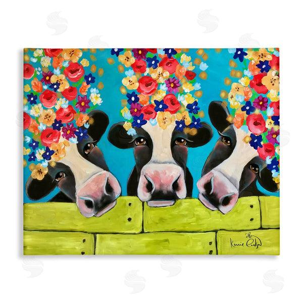 stupell industries Karrie Evenson | Farm Cattle Cows Bright Flower Petals Green Planks Wall Art