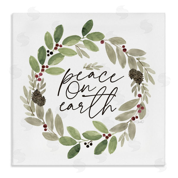 stupell industries Kate Sherrill | Peace On Earth Calligraphy Seasonal Watercolor Wreath Wall Art