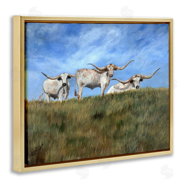 Stupell Industries Kathy Winkler  | White Longhorns Over Hill