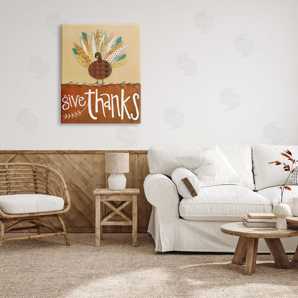 Stupell Industries Katie Doucette | Give Thanks Phrase Patterned Feathers Wild Turkey Bird Wall Art