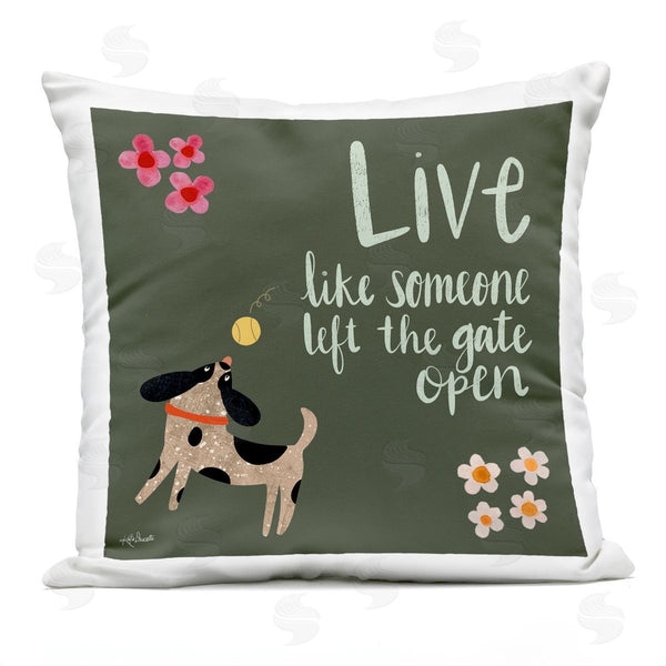 Stupell Industries Katie Doucette | Green Calligraphy Pet Lover Phrase Playing Dog Printed Throw Pillow