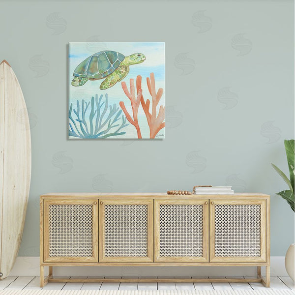 Stupell Industries Katie Doucette | Green Sea Turtle Floating Underwater Ocean Coral Wall Art