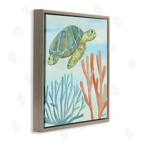 Stupell Industries Katie Doucette | Green Sea Turtle Floating Underwater Ocean Coral Wall Art