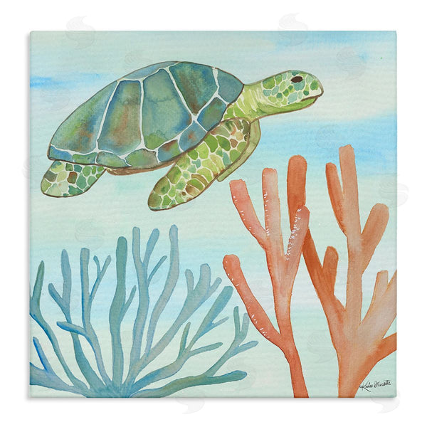 stupell industries Katie Doucette | Green Sea Turtle Floating Underwater Ocean Coral Wall Art
