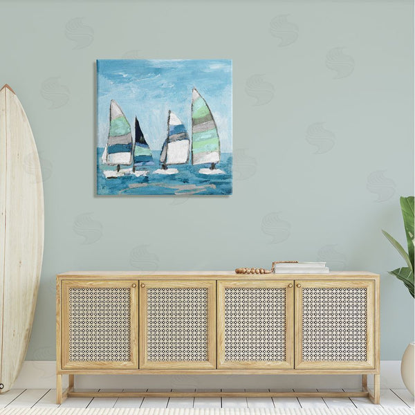 Stupell Industries Katrina Craven | Floating Striped Sailboats Clear Blue Sky Painting Wall Art